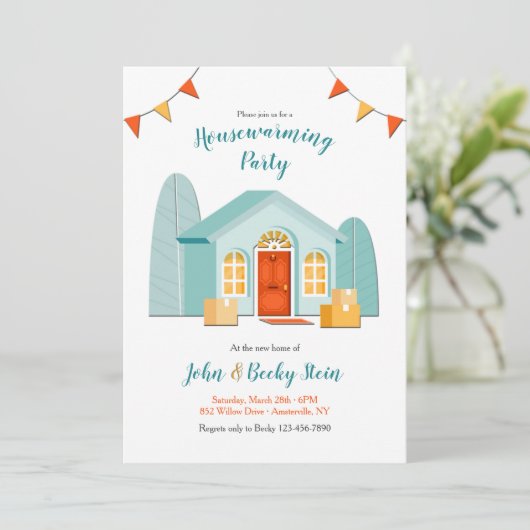 新しいホーム引っ越し祝いパーティーを選択して背景色 招待状 (スタンド正面)