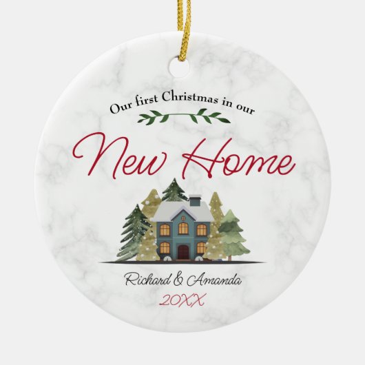 新しいホーム緑の木の可愛い初めてのクリスマス セラミックオーナメント (正面)