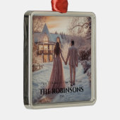 新しいホーム雪の初めてのクリスマス写真の冬 メタルオーナメント (右)