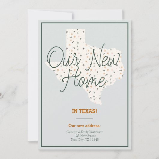 新しいホーム – テキサス州引っ越しのお知らせ 招待状 (正面)