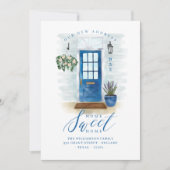 新しいホーム |ファームハウスコバルトブルー水彩ドア 案内状 (正面)