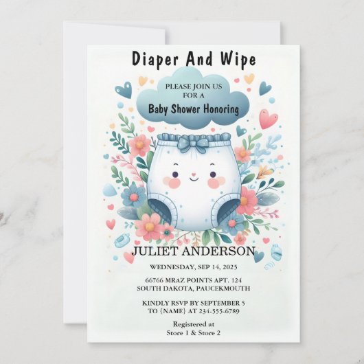新しいポストパパピンクブルーおむつ及び拭きベビーシャワー 招待状 (正面)