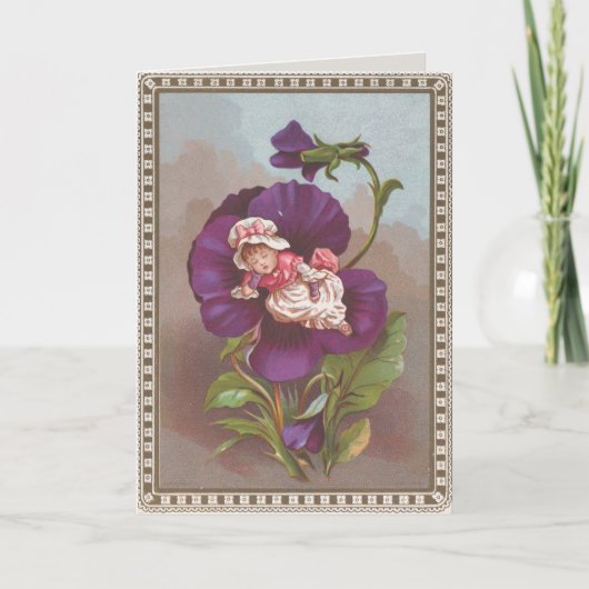 新しいママヴィンテージベビーガールとパンジー復活祭カード カード (正面)
