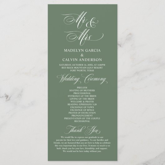 新しいミスターとミセス、セージ・グリーン結婚の式 プログラム (正面)