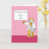 新しいメガネおめでとう、漫画の猫。 カード (黄色い花)