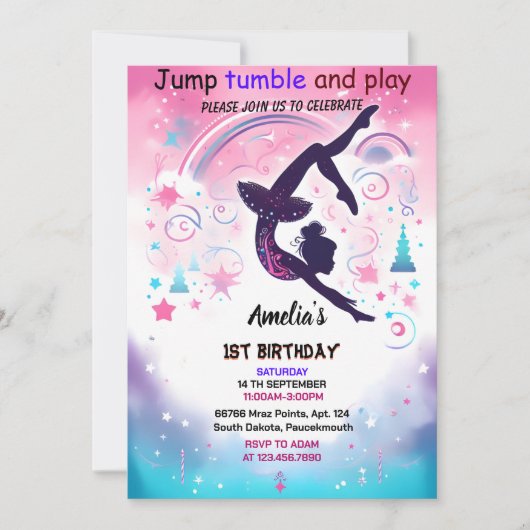 新しいモダンかわいいピンクの女の子の体操10th誕生日 招待状 (正面)