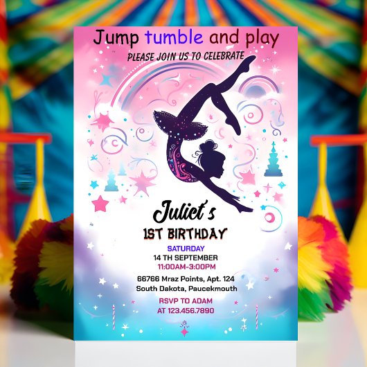 新しいモダンかわいいピンクの女の子の体操10th誕生日 招待状