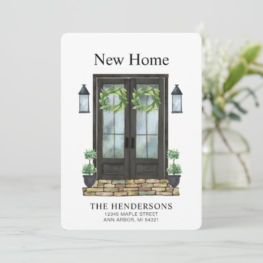 新しいモダンホームウォーターカラーの移行のお知らせ カード (スタンド正面)