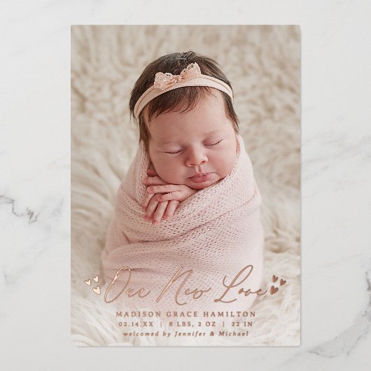 新しいラブフォイルのスクリプト写真の誕生のお知らせ 箔招待状 (正面)