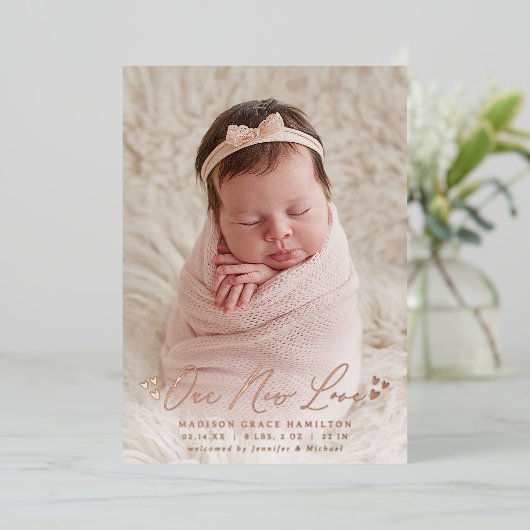 新しいラブフォイルのスクリプト写真の誕生のお知らせ 箔招待状 (立ち正面)