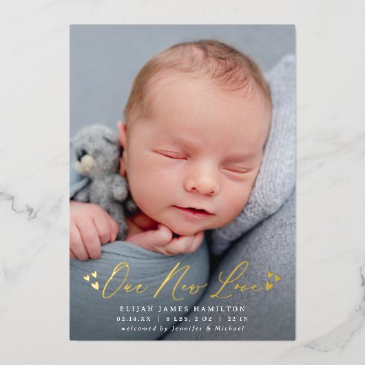 新しいラブフォイルのスクリプト写真の誕生のお知らせ 箔招待状 (正面)