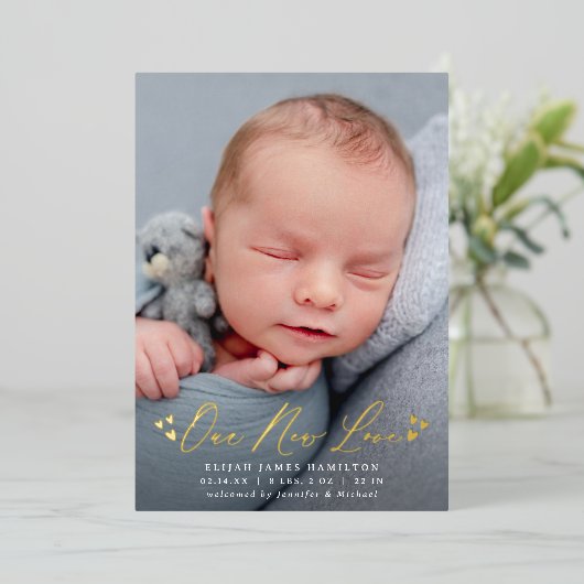 新しいラブフォイルのスクリプト写真の誕生のお知らせ 箔招待状 (立ち正面)