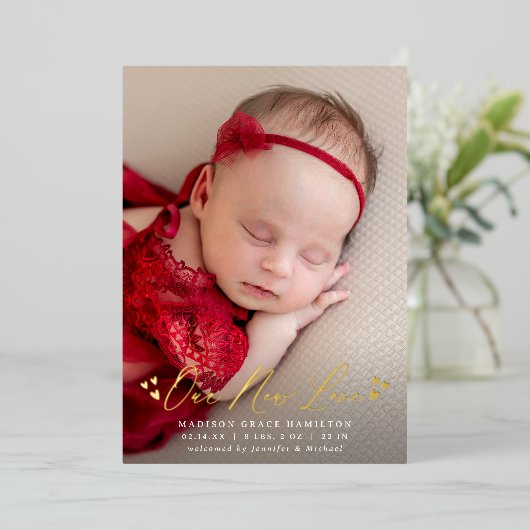 新しいラブフォイルのスクリプト写真の誕生のお知らせ 箔招待状 (立ち正面)