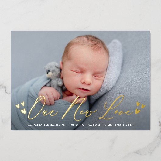 新しいラブフォイルのスクリプト写真の誕生のお知らせ 箔招待状 (正面)