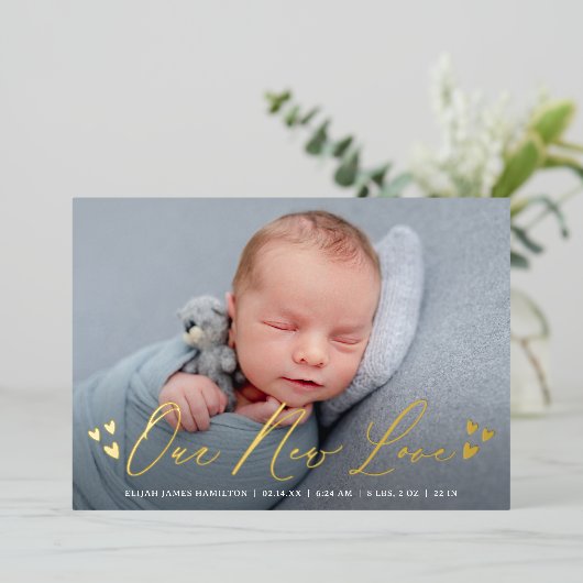 新しいラブフォイルのスクリプト写真の誕生のお知らせ 箔招待状 (立ち正面)