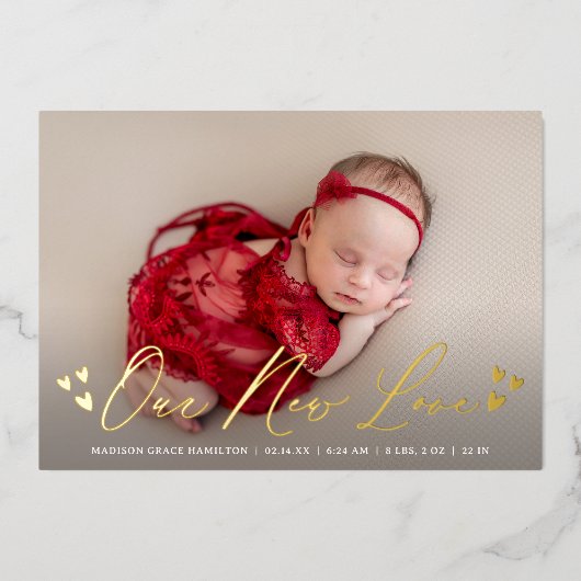 新しいラブフォイルのスクリプト写真の誕生のお知らせ 箔招待状 (正面)