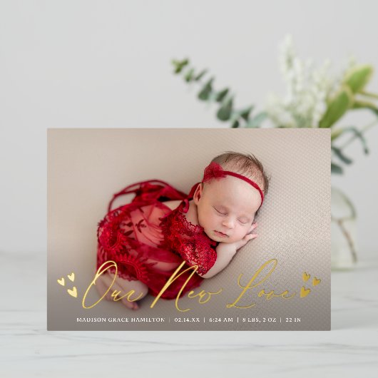 新しいラブフォイルのスクリプト写真の誕生のお知らせ 箔招待状 (立ち正面)