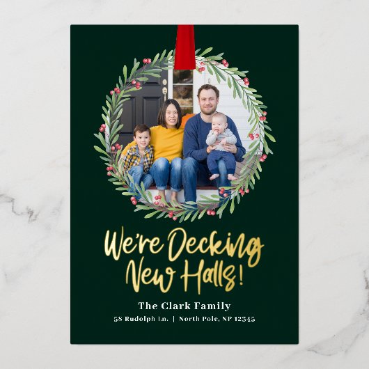 新しいリースのホリデーシーズンの引っ越しお知らせ 箔シーズンカード (正面)