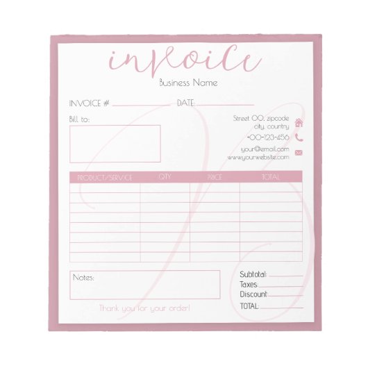 新しいヴィンテージシンプルピンクの中小企業の請求書 ノートパッド (正面)