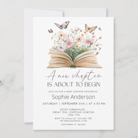 新しい一章が赤ちゃんのシャワーを始めようとしている 招待状 (正面)