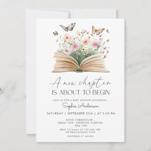 新しい一章が赤ちゃんのシャワーを始めようとしている 招待状 (正面)