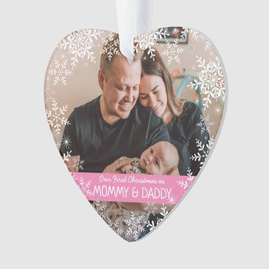 新しい両親の初めてのクリスマススノーフレークピンクの写真 オーナメント (正面)