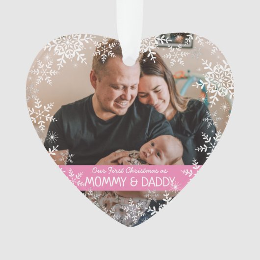 新しい両親の初めてのクリスマススノーフレークピンクの写真 オーナメント (正面)