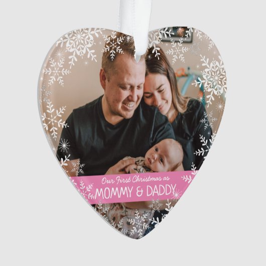新しい両親の初めてのクリスマススノーフレークピンクの写真 オーナメント (正面)
