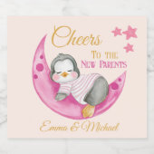 新しい両親への応援ピンクの眠っているペンギン スパークリングワインラベル (シングルラベル)