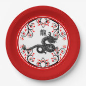 新しい中国の辰年と赤い花 ペーパープレート (正面)