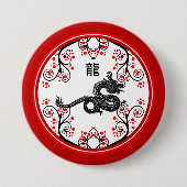 新しい中国の辰年と赤い花 缶バッジ (正面)