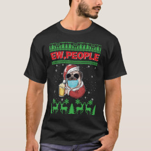 新しい人ブラックパグドッグ顔マスク醜いクリスマスQ Tシャツ