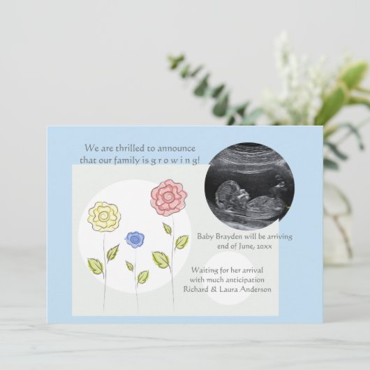 新しい付加の青い写真の妊娠の発表 案内状 (スタンド正面)