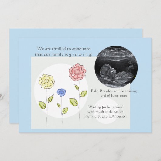 新しい付加の青い写真の妊娠の発表 案内状 (正面/裏面)