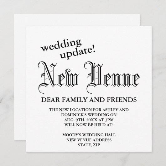 新しい会場ゴシッ結婚クの計画の変更 案内状 (正面/裏面)