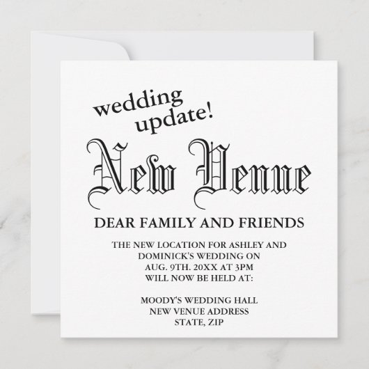 新しい会場ゴシッ結婚クの計画の変更 案内状 (正面)