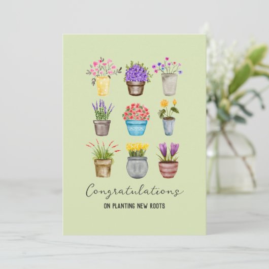新しい住宅所有者への新しい根の植え付けに関するおめでとう カード (スタンド正面)