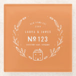 新しい住宅手書きフローラ ガラスコースター<br><div class="desc">新しい家の手描きフローラデザイン。カップルの名前、家の番号、住所と年の宇宙と。コレクションの一部。「背景色は変更可能</div>