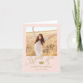 新しい住所と卒業写真赤面ピンク&金ゴールド サンキューカード (正面)