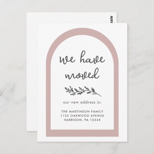 新しい住所のモダンなスクリプトとシンプルな植物 ポストカード (正面/裏面)