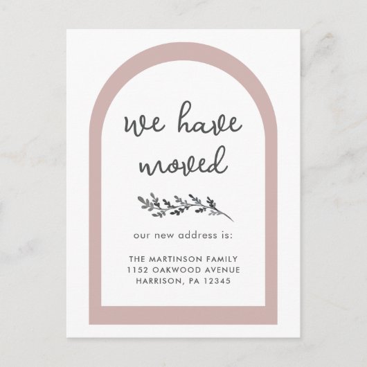 新しい住所のモダンなスクリプトとシンプルな植物 ポストカード (正面)