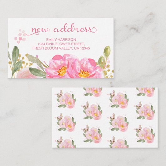 新しい住所の手書きピンクの花を挿入カード エンクロージャーカード (正面/裏面)