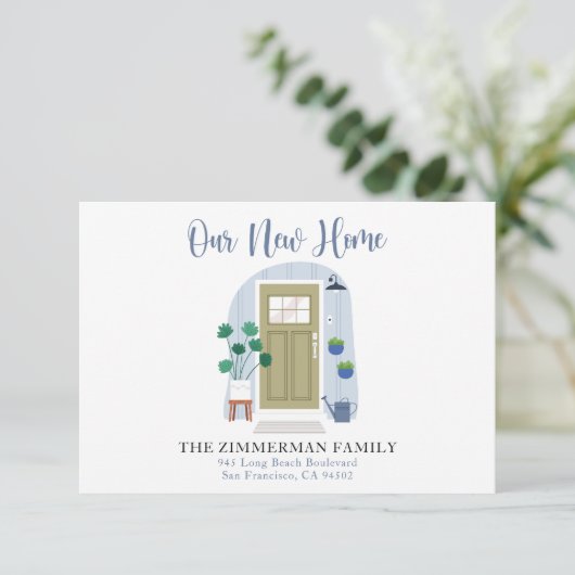 新しい住所の水の色のドアの移動のお知らせ サンキューカード (スタンド正面)