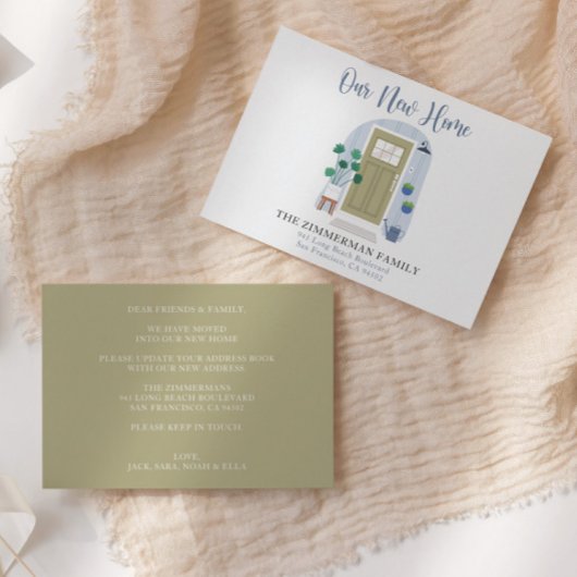 新しい住所の水の色のドアの移動のお知らせ サンキューカード