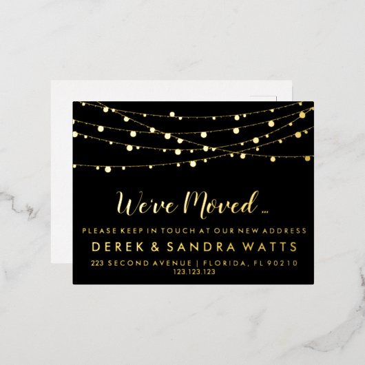 新しい住所の素朴なクリスマスライトを移動した 箔シーズンポストカード (正面/裏面)