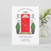 新しい住所の赤いドアの水色 案内状 (スタンド正面)