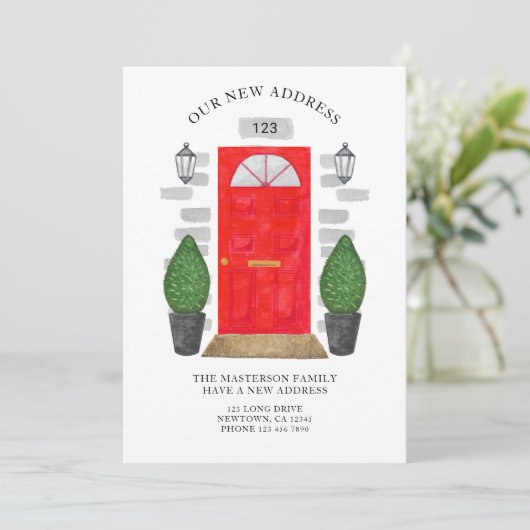 新しい住所の赤いドアの水色 案内状 (スタンド正面)