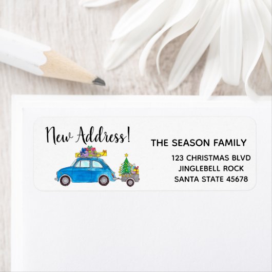 新しい住所の青いfiat 500クリスマスギフトラベル ラベル (インサイチュ)
