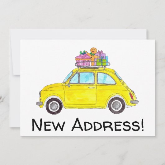 新しい住所イエローレトロフィアット500水色 招待状 (正面)