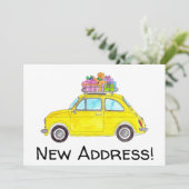 新しい住所イエローレトロフィアット500水色 招待状 (スタンド正面)